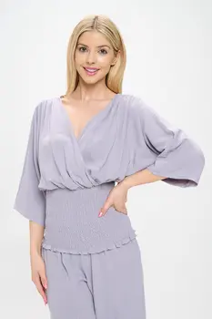 Linen V neck Smocked Dolman Sleeve Top