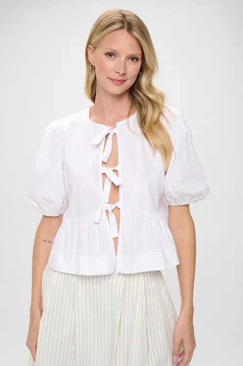 Cotton Puff Sleeve Top with Front Tie Detail
