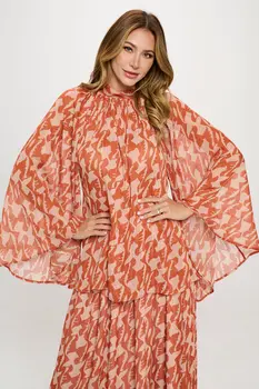 Print Sheer Long Bell Sleeve Top with Back Tie Detail