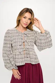 Textured Knit Long Balloon Sleeve Top with Open Front Tie Detail