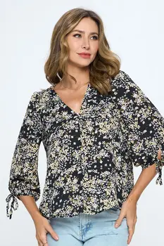 Floral Print Top with Self Tie Sleeves