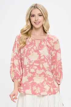 Floral Print 3/4 Sleeve Top with Notch Neck