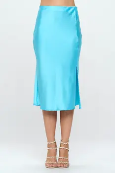 Solid Satin Midi Skirt with Slit