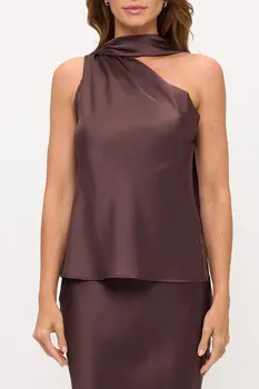 One Shoulder Satin Top w Scarf Detail