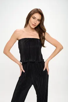 Plisse Solid Strapless Straight Leg Jumps