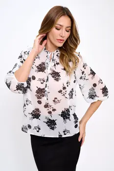 Floral Semi Sheer Ruffle Notch neck Top