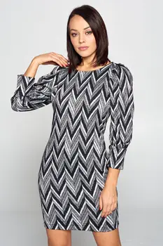 ARROW PRINT PUFF SLEEVE DRESS WITH BLUE METALLIC DETAIL