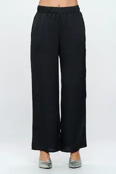 Stretch Satin Pants w/ Elastic Waist and Pocket