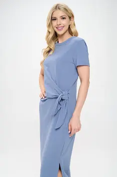 Solid Short Sleeve Bodycon Midi Dress with Front Tie and Slit