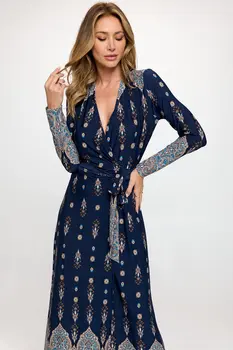 Brushed Knit Print V neck Jersey Wrap Maxi Dress with Tie