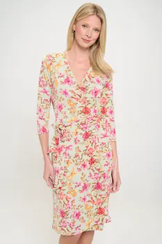 Floral Print V neck Jersey Wrap Dress with Tie