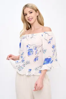 Floral Print Off shoulder Semi Sheer Top with Ruffle Sleeve