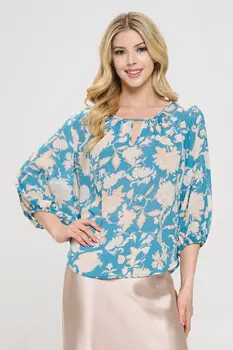 Floral Print 3/4 Sleeve Top with Notch Neck