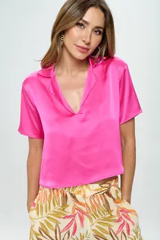 Stretch Satin V neck Crop Top with Collar