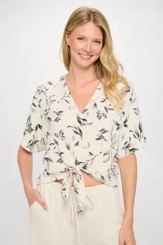 Linen Floral Print V neck Top with Front Tie