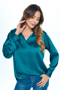 Stretch Satin V neck Top w/ Collar and Cuff Sleeve