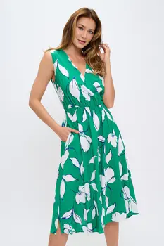 Linen Floral Print V neck Dress with Pockets