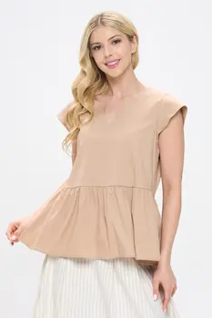 Cotton V neck Short Sleeve Top with Tiered Hem