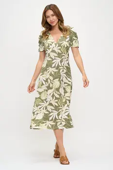 Tropical Print V neck Midi Dress