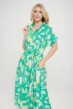 Flower Print Collared V neck Midi Dress with Pockets