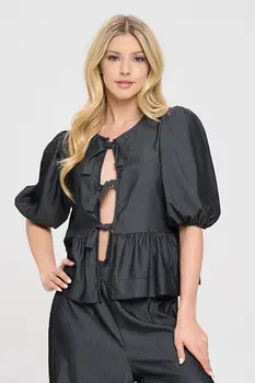 Denim Tencel Puff Sleeve Top with Front Bow Detail