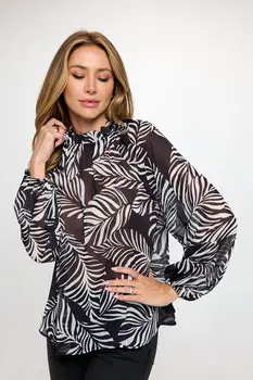 Print Sheer Ruffle Mock Neck Top