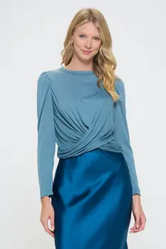 Knit Top with Puff Long Sleeve and Front Twist