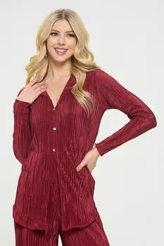 Plisse Solid Button Down Top with Collar