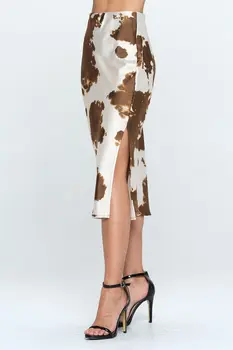 Satin Cow Print Midi Skirt with Slit