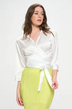 Silky Satin Collared V neck Wrap Top with Tie