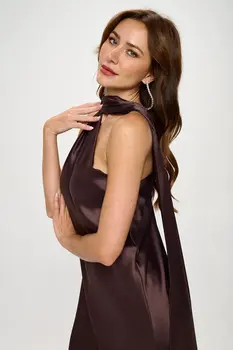 One Shoulder Satin Maxi Dress with Scarf Detail