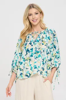 Floral Print V neck Top with Sleeve Tie