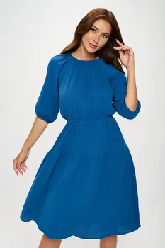 Cotton 3/4 Sleeve Tiered Midi Dress