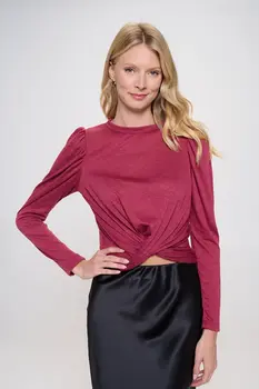 Knit Top with Puff Long Sleeve and Front Twist