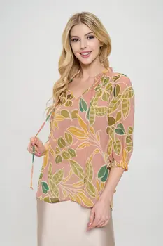 Semi Sheer Leaf Print 3/4 Sleeve Top with Tie