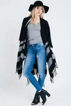 Striped Poncho with Fringe Detail