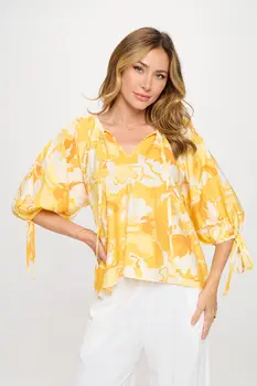 Flower Print V neck Dress with Sleeve Tie