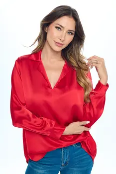 Stretch Satin V neck Top w/ Collar and Cuff Sleeve