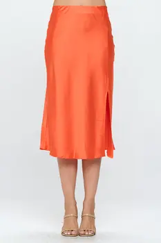 Solid Satin Midi Skirt with Slit
