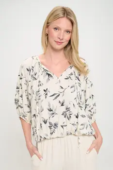 Floral Print V neck 3/4 Sleeve with Tie