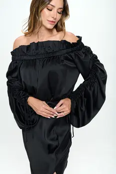 Satin Offshoulder Dress w/ Ruched Sleeve and Slit