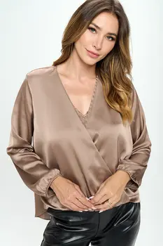 Silky Satin Long Sleeve Surplice Top