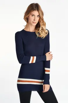 Ribbed Roundneck Sweater with Striped Sleeve