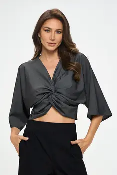 Solid Tencel Short Sleeve Top with Front Twist