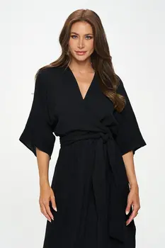 Solid Kimono Style Maxi Dress with Tie