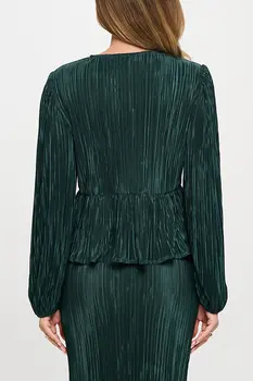 Plisse Long Puff Sleeve Top with Open Front Tie Detail