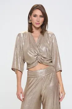 Metallic Print Short Sleeve Top w Front Twist