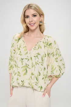 Floral Print V neck 3/4 Sleeve with Tie