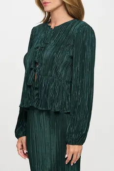 Plisse Long Puff Sleeve Top with Open Front Tie Detail