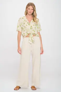 Linen Floral Print V neck Top with Front Tie